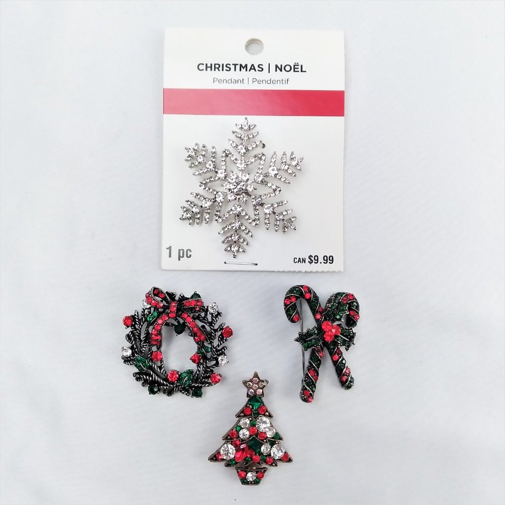 Lot of 4 Christmas Theme Rhinestone Brooch Pin Wreath Candy Cane Snowflake Tree